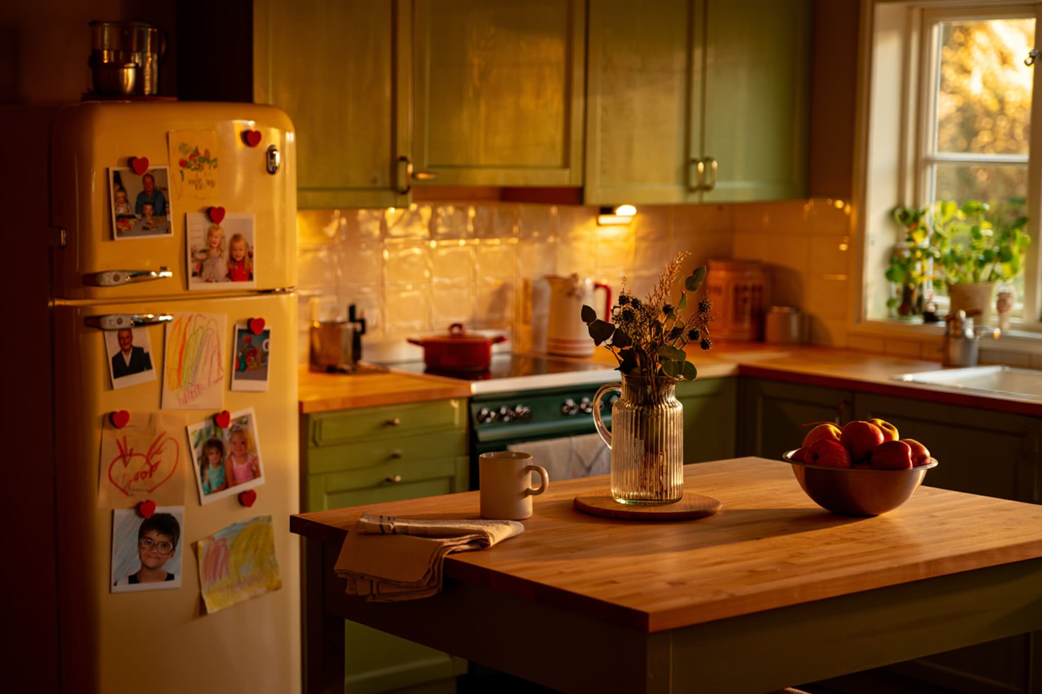 Cuisine de famille chaleureuse au crépuscule doré : façades vert sauge, frigo couvert de dessins d'enfants et de photos, îlot en bois avec mug, fleurs et pommes